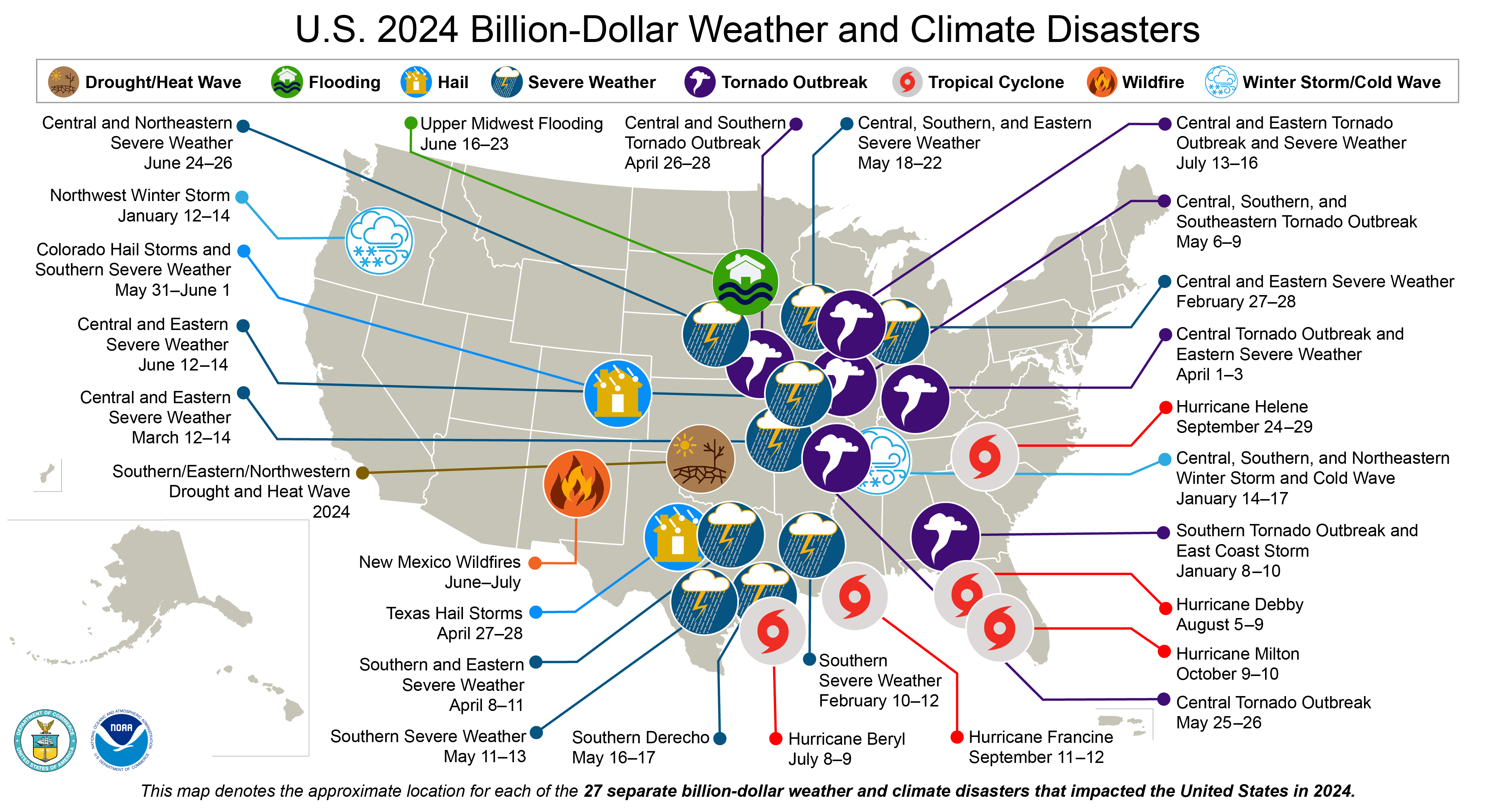 U.S. map showing locations of the 27 weather and climate events in 2024 that cost at least $1 billion with text describing each event.