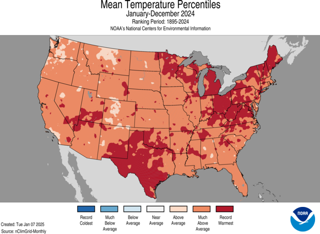 Map of the U.S. showing average temperature percentiles for 2024 with warmer areas in gradients of red and cooler areas in gradients of blue.